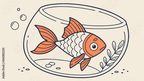 Cute orange goldfish in a fishbowl with bubbles and plant, simple outline cartoon illustration