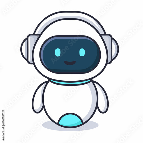 A cartoon robot wearing headphones with a smiling face and white body