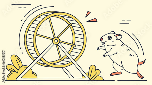 Energetic Hamster Running on a Spinning Wheel. Cute Pet Exercise Activity, Line Art Cartoon Illustration.