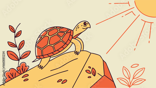 Cartoon turtle on a rock under the sun. Flat design animal illustration.