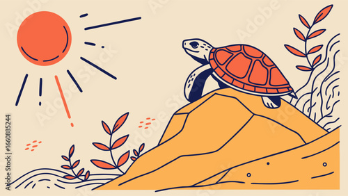 Sea turtle basking on a sun-drenched rock, flat design illustration with botanical elements.