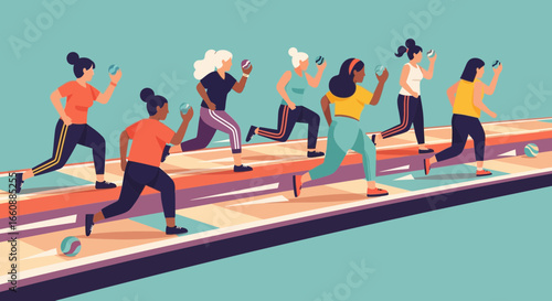Illustration of diverse women running a race while looking at their smartphones on a stylized track.