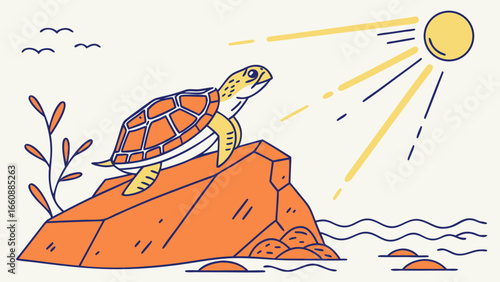 Line art illustration of a sea turtle basking on a sun-drenched rock by the water, minimalist design