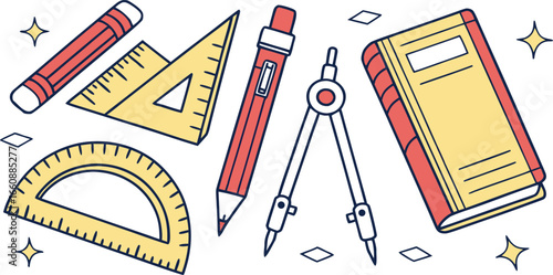 Vector illustration of school stationery including rulers, compass, pencil, and notebook. Perfect for education, learning, math, geometry, and academic themes.