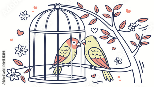 Cute lovebirds illustration with one in a cage, one on a branch, surrounded by hearts and flowers. Symbol of affection and companionship.