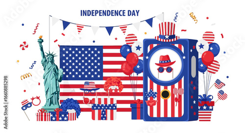 Festive illustration celebrating Independence Day with American flag, Statue of Liberty, and party decorations.