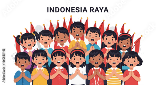 Indonesian children joyfully celebrate Indonesia Raya, their national anthem, with flags.