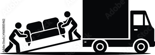 Two people carrying a sofa into a moving truck