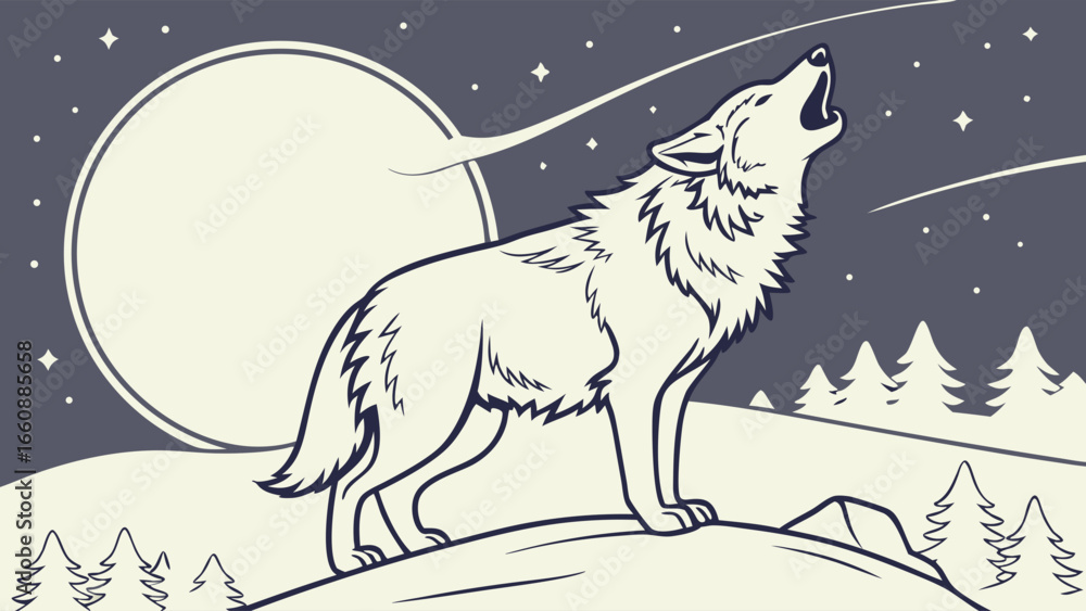Fototapeta premium Wild wolf howling at the full moon in a serene forest night. Nature and wildlife illustration with stars and pine trees.