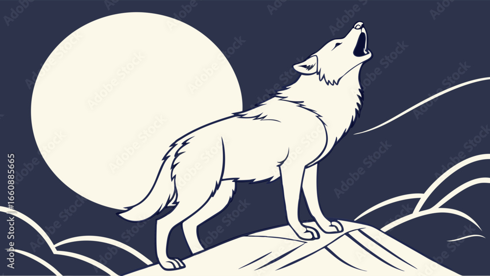 Obraz premium Stylized wolf howling at full moon on mountain peak. Wild animal vector illustration, minimalist night scene.