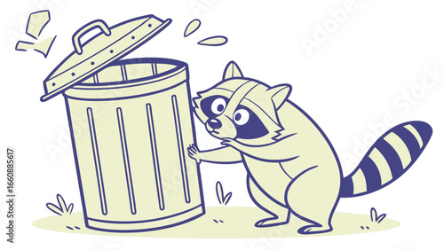 Cute Cartoon Raccoon Pushing Open a Trash Can - Urban Wildlife Pest Illustration