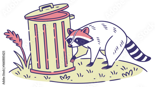 Mischievous cartoon raccoon peeking into an overflowing garbage can illustration