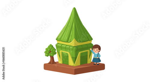Cartoonish green house with a girl in front, stylized illustration of a building.
