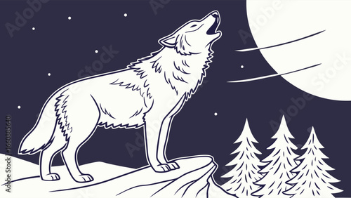Wild wolf howling at the full moon on a snowy cliff in a winter forest night. Nature wilderness illustration with stars.