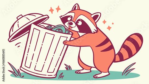 Mischievous Raccoon Rummaging in Trash Can. Cute Cartoon Wildlife Scavenging Vector Illustration.