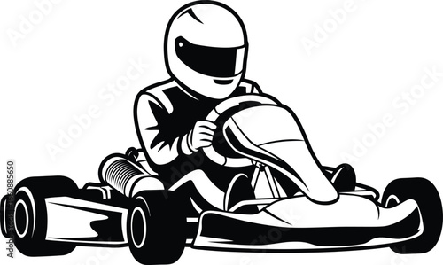Go kart racer in full racing gear driving fast