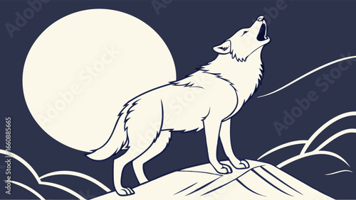 Stylized wolf howling at full moon on mountain peak. Wild animal vector illustration, minimalist night scene.