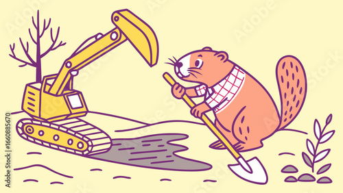 Whimsical cartoon beaver in plaid shirt with shovel next to excavator, nature and construction work illustration