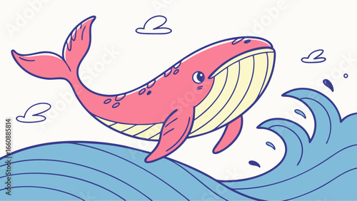 Playful pink whale jumping from ocean waves, cute cartoon illustration