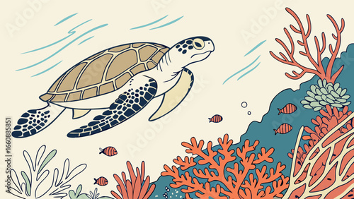 Sea turtle swimming in a vibrant coral reef with small fish. Underwater marine ecosystem illustration.