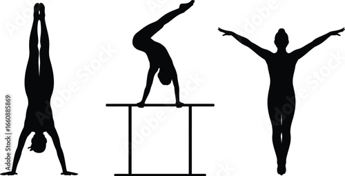 Silhouettes of gymnasts performing various poses and routines