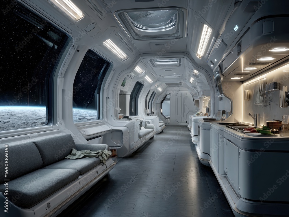 Obraz premium Futuristic space station interior with windows showcasing a lunar landscape and sleek design