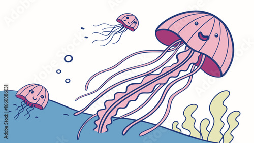 Cute pink cartoon jellyfish swimming underwater with seaweed and bubbles, cheerful marine life illustration