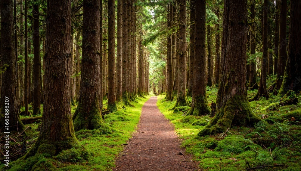 Naklejka premium Forest path through tall trees with nature, trail, and landscape.