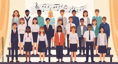 Diverse choir singing together on stage, musical notes background.