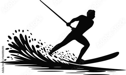Silhouette of a person water skiing with a large splash behind them