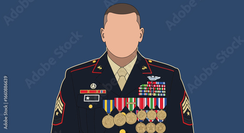 Illustration of a Marine in dress uniform adorned with medals and ribbons against a solid blue background.