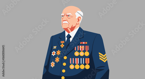Portrait of a senior military veteran adorned with numerous medals, showcasing military service and recognition.