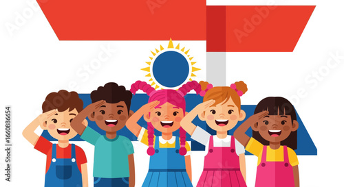 Smiling children saluting under a stylized flag, representing patriotism and unity.