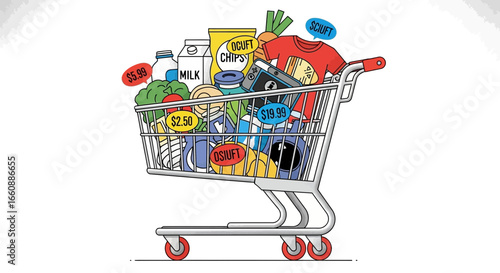 Cartoon illustration of a shopping cart overflowing with groceries, each item labeled with a price tag.
