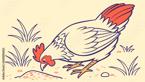 Cartoon chicken pecking at the ground, foraging for food with simple grass illustration