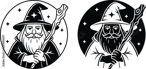 Mystical wizard with staff and star hat in oval frame