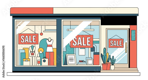 Illustration of a storefront with large windows displaying sale signs, clothes, books, and plants, inviting customers to shop.
