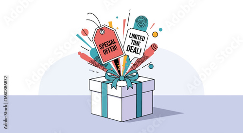 Illustration of a gift box with a bow, exploding with colorful shapes and sale tags reading "Special Offer" and "Limited Time Deal".