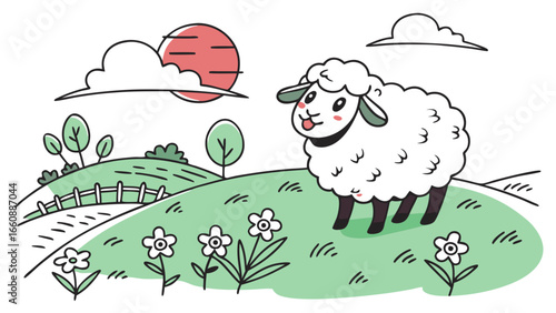 Happy Cartoon Sheep in Green Pasture with Flowers and Sun, Playful Farm Animal Illustration