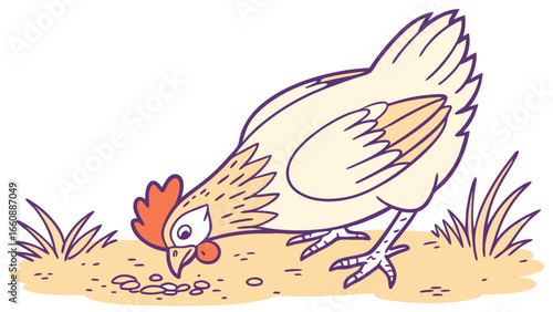 Cute cartoon hen pecking for food on the ground, simple flat vector illustration of a farm bird foraging
