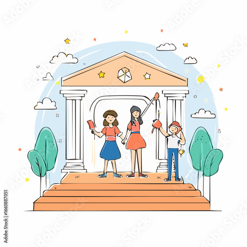 children standing in front of school.