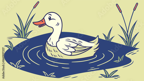 White duck swimming in a serene pond surrounded by aquatic plants.