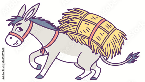 Cartoon donkey carrying a heavy load of straw on its back.