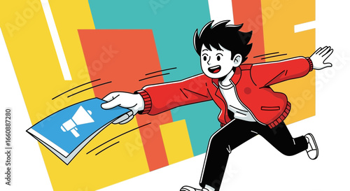 Cartoon illustration of a boy running and handing out a flyer with a megaphone symbol on it against a colorful geometric background.