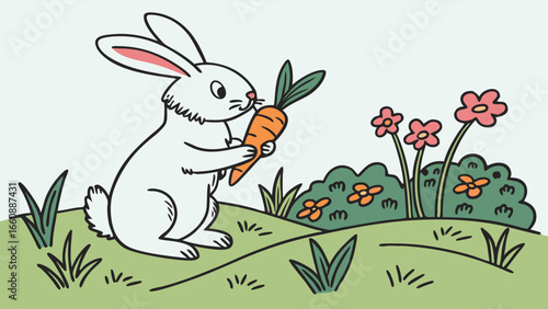 White cartoon rabbit eating a carrot in a garden with flowers.