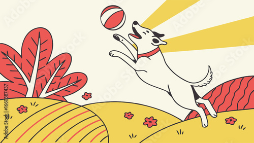 Happy dog playing with a ball in a sunny field.