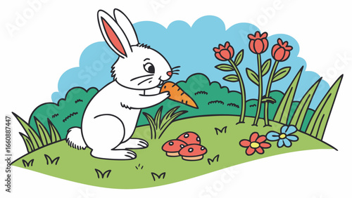 White rabbit eating a carrot in a garden with flowers.