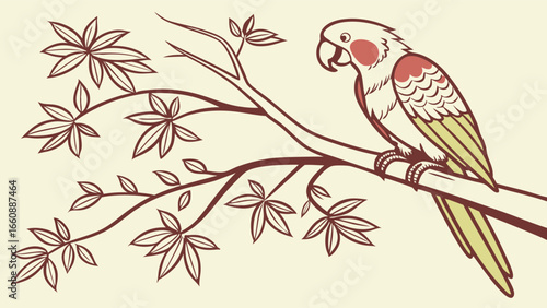 Colorful parrot perched on a flowering branch in a stylized illustration.