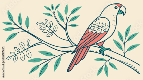 Colorful parrot perched on a branch with leaves illustration.