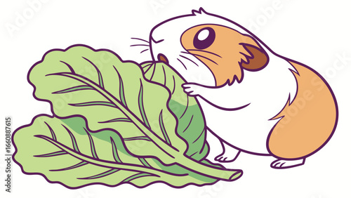 Adorable cartoon guinea pig eating fresh green leafy vegetable.